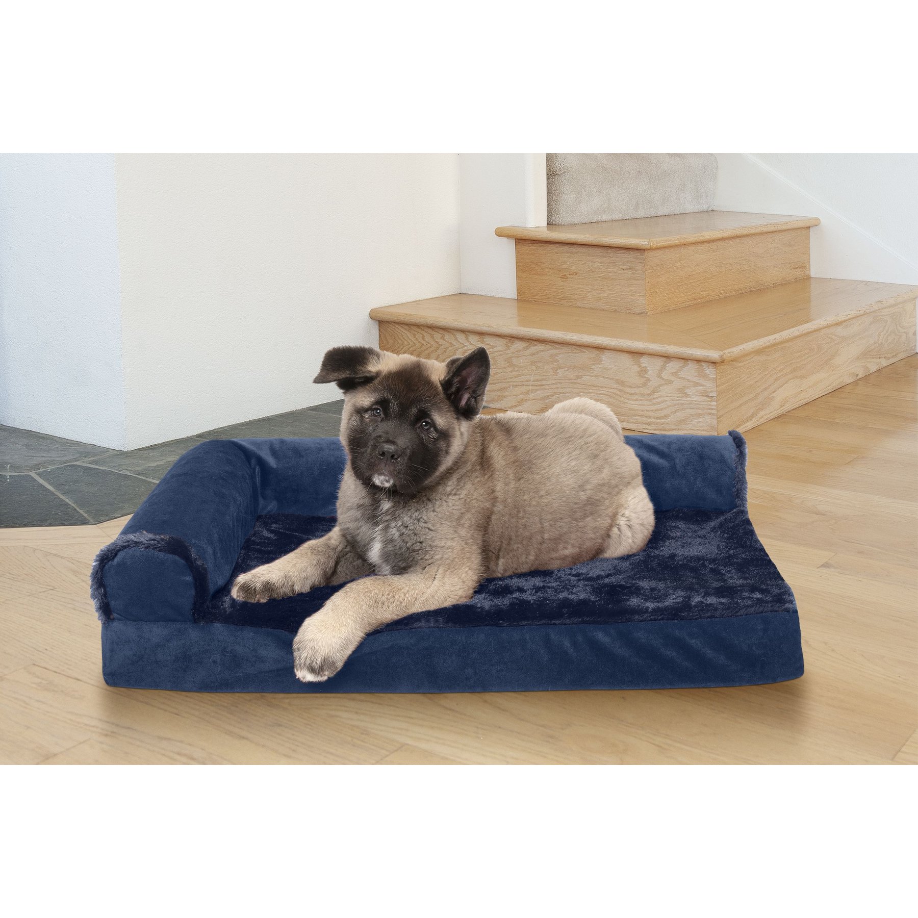 FurHaven Plush Deluxe Chaise Memory Top Cat & Dog Bed with Removable Cover, Deep Sapphire, Medium