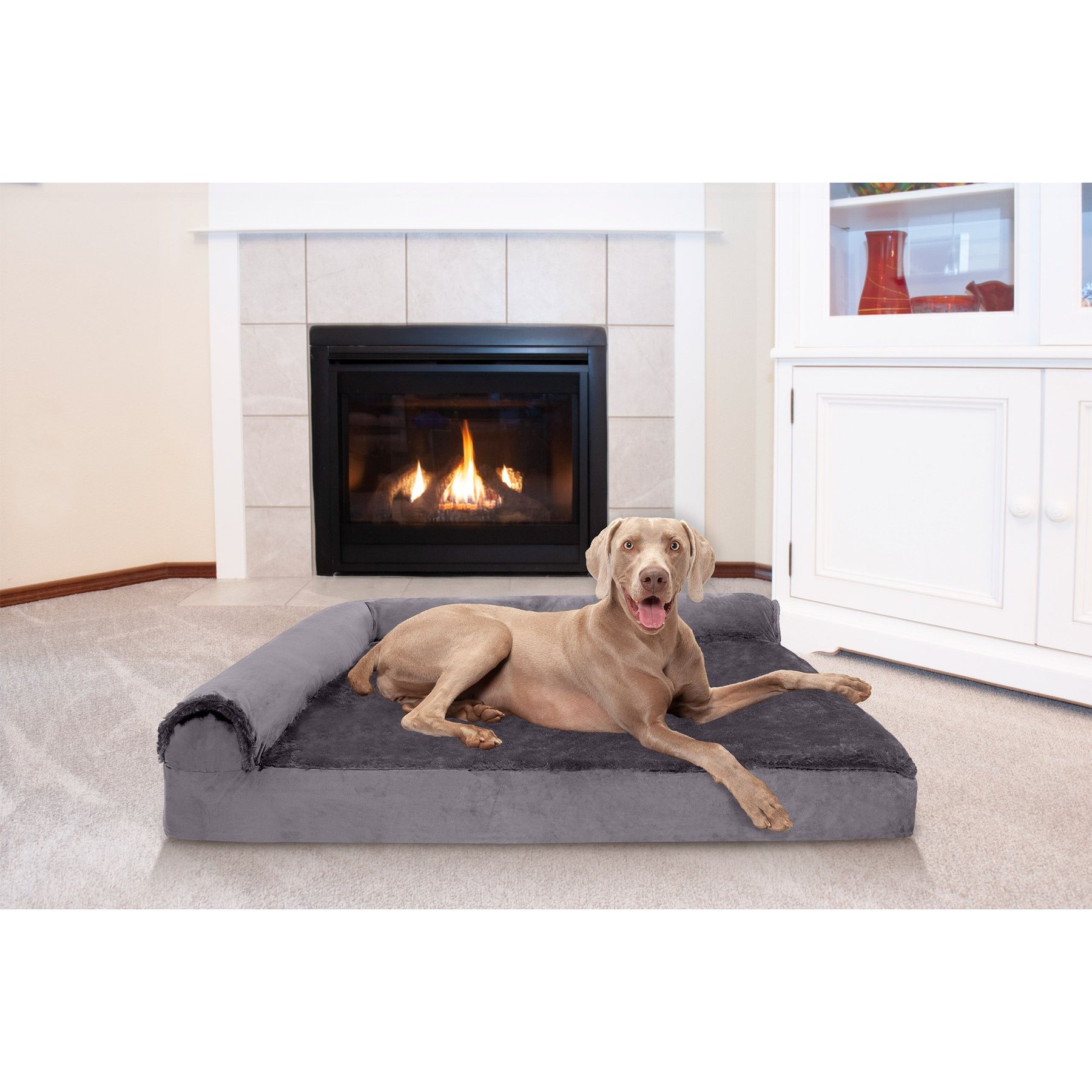FurHaven Plush Deluxe Chaise Memory Top Cat & Dog Bed with Removable Cover, Platinum Gray, Jumbo Plus