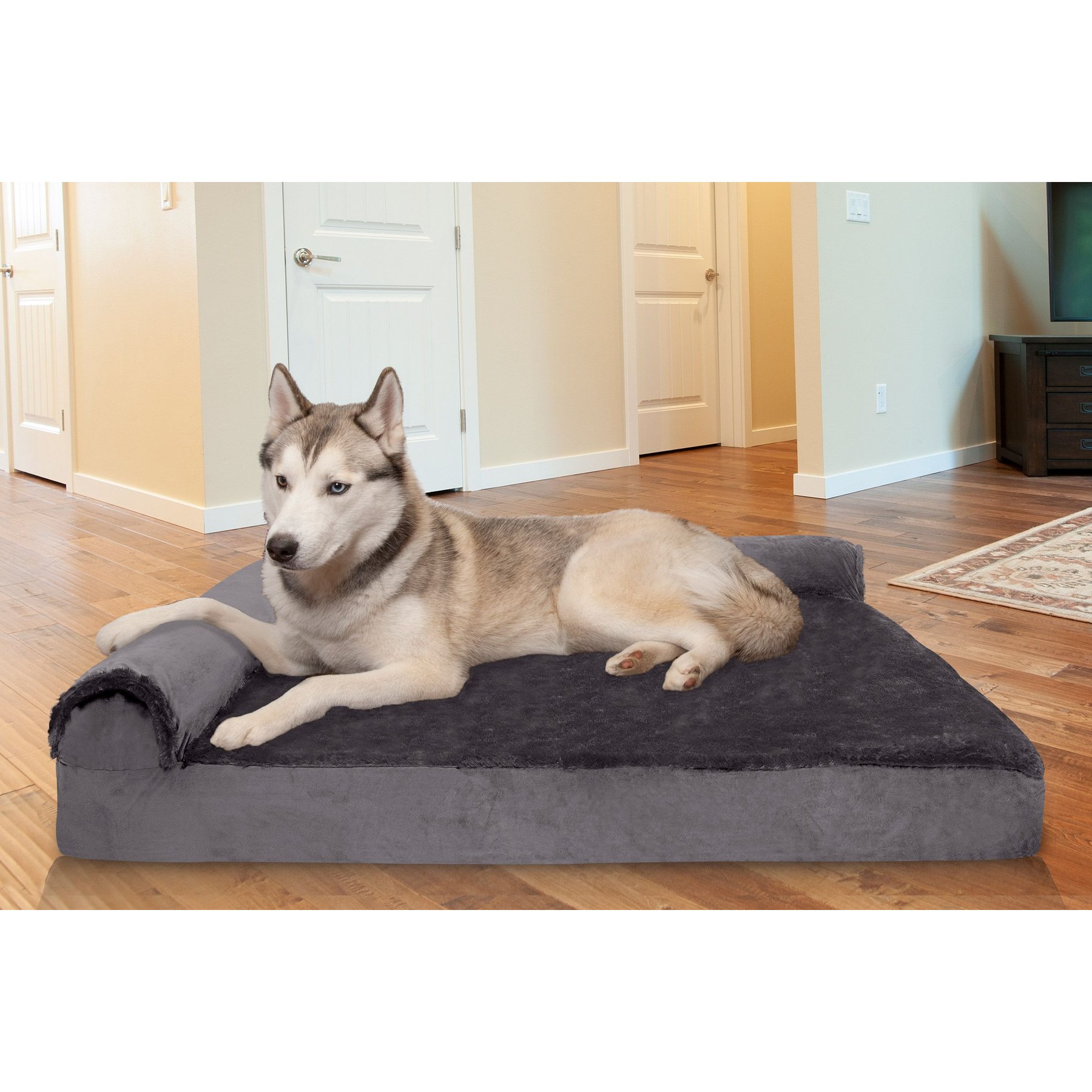 FurHaven Plush Deluxe Chaise Memory Top Cat & Dog Bed with Removable Cover, Platinum Gray, Jumbo