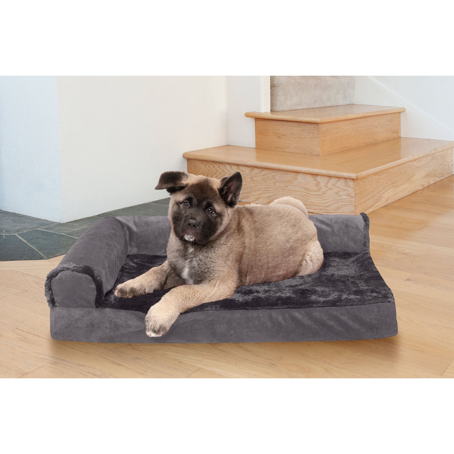 FurHaven Plush Deluxe Chaise Memory Top Cat & Dog Bed with Removable Cover, Platinum Gray, Medium