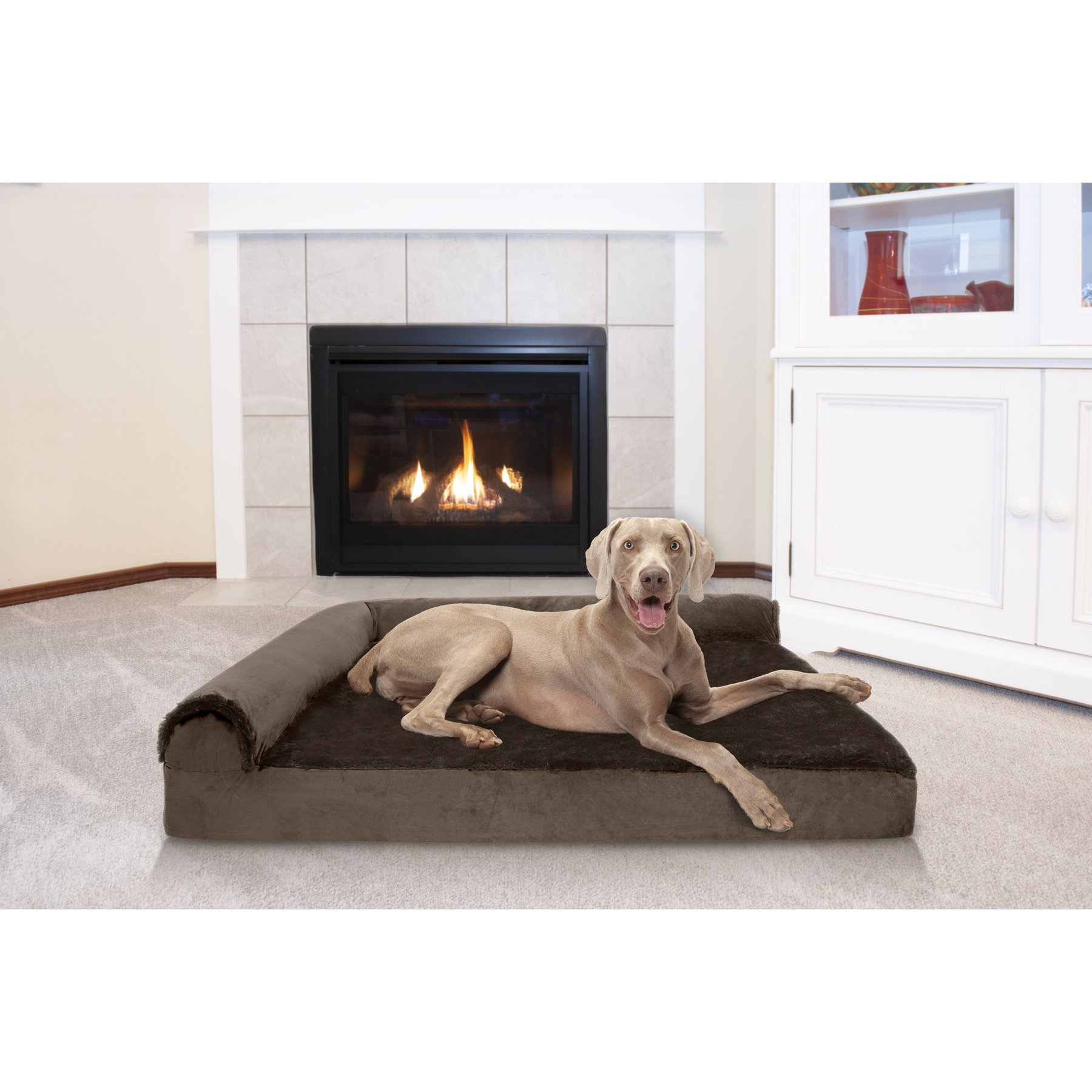 FurHaven Plush Deluxe Chaise Memory Top Cat & Dog Bed with Removable Cover, Sable Brown, Jumbo Plus