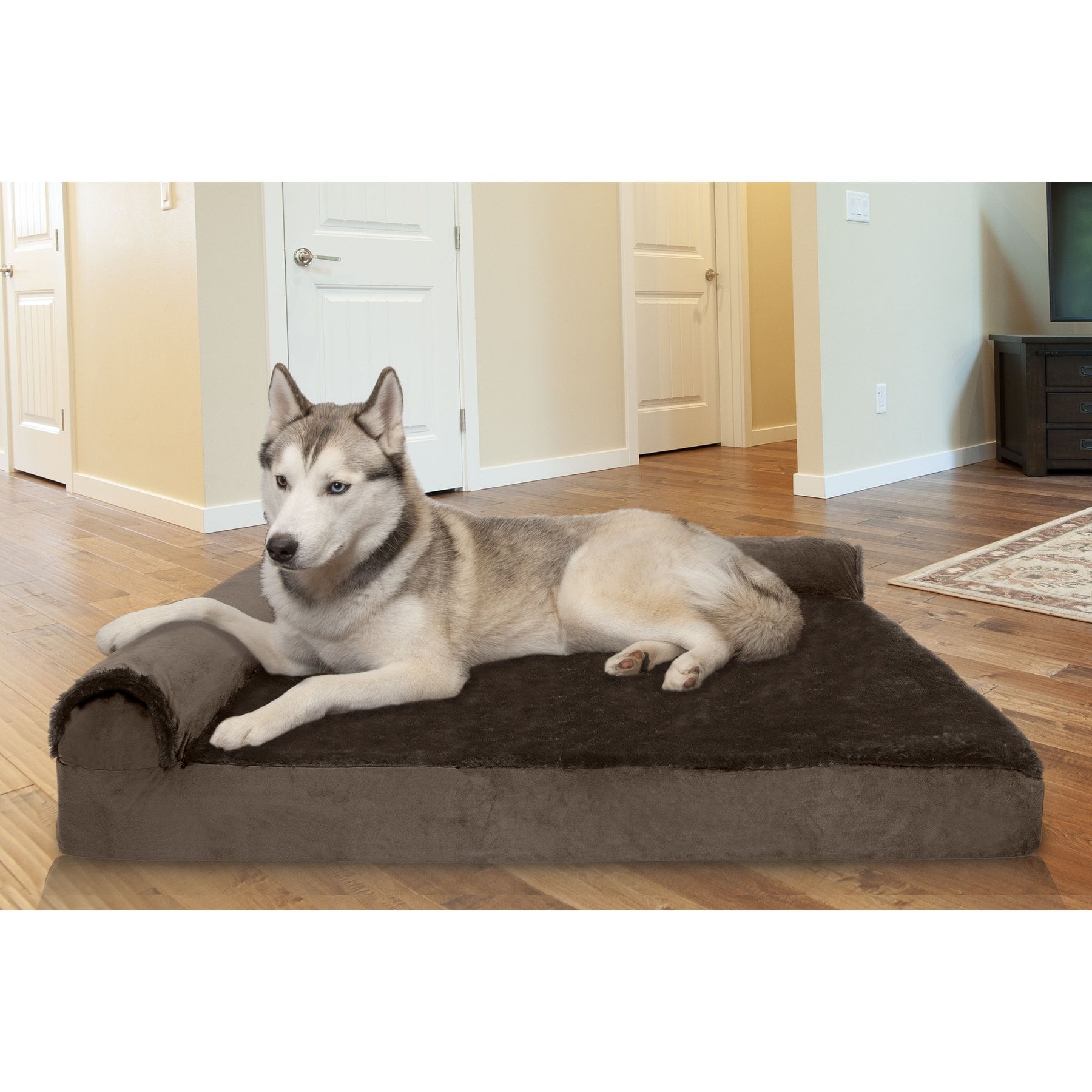 FurHaven Plush Deluxe Chaise Memory Top Cat & Dog Bed with Removable Cover, Sable Brown, Jumbo