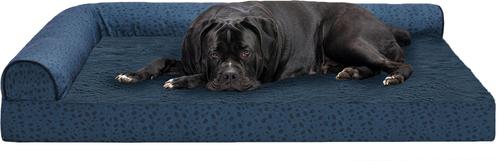 Show full view: FurHaven Plush Fur & Almond Print Orthopedic Deluxe L-Chaise Sofa Cat & Dog Bed, Blue Almonds, Jumbo Plus slide 5 of 10