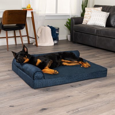 FurHaven FurHaven Plush Fur & Almond Print Orthopedic Deluxe L-Chaise Sofa Cat & Dog Bed, Blue Almonds, Jumbo