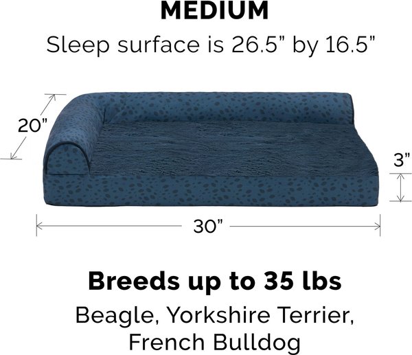 Show full view: FurHaven Plush Fur & Almond Print Orthopedic Deluxe L-Chaise Sofa Cat & Dog Bed, Blue Almonds, Medium slide 2 of 10