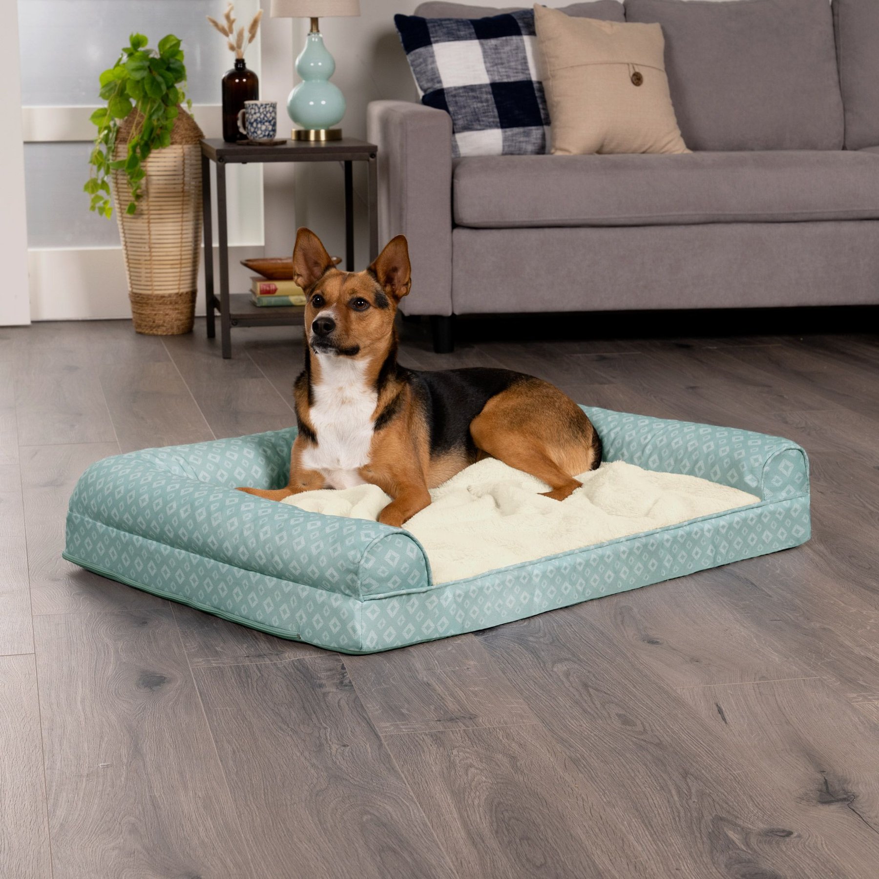 FurHaven Plush Fur & Diamond Print Nest-Top Cooling Gel Orthopedic Cat & Dog Bed with Removable Cover, Aqua, Large