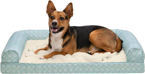 Show full view: FurHaven Plush Fur & Diamond Print Nest-Top Cooling Gel Orthopedic Cat & Dog Bed with Removable Cover, Aqua, Large slide 5 of 10