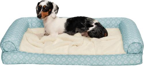 Show full view: FurHaven Plush Fur & Diamond Print Nest-Top Cooling Gel Orthopedic Cat & Dog Bed with Removable Cover, Aqua, Medium slide 5 of 10