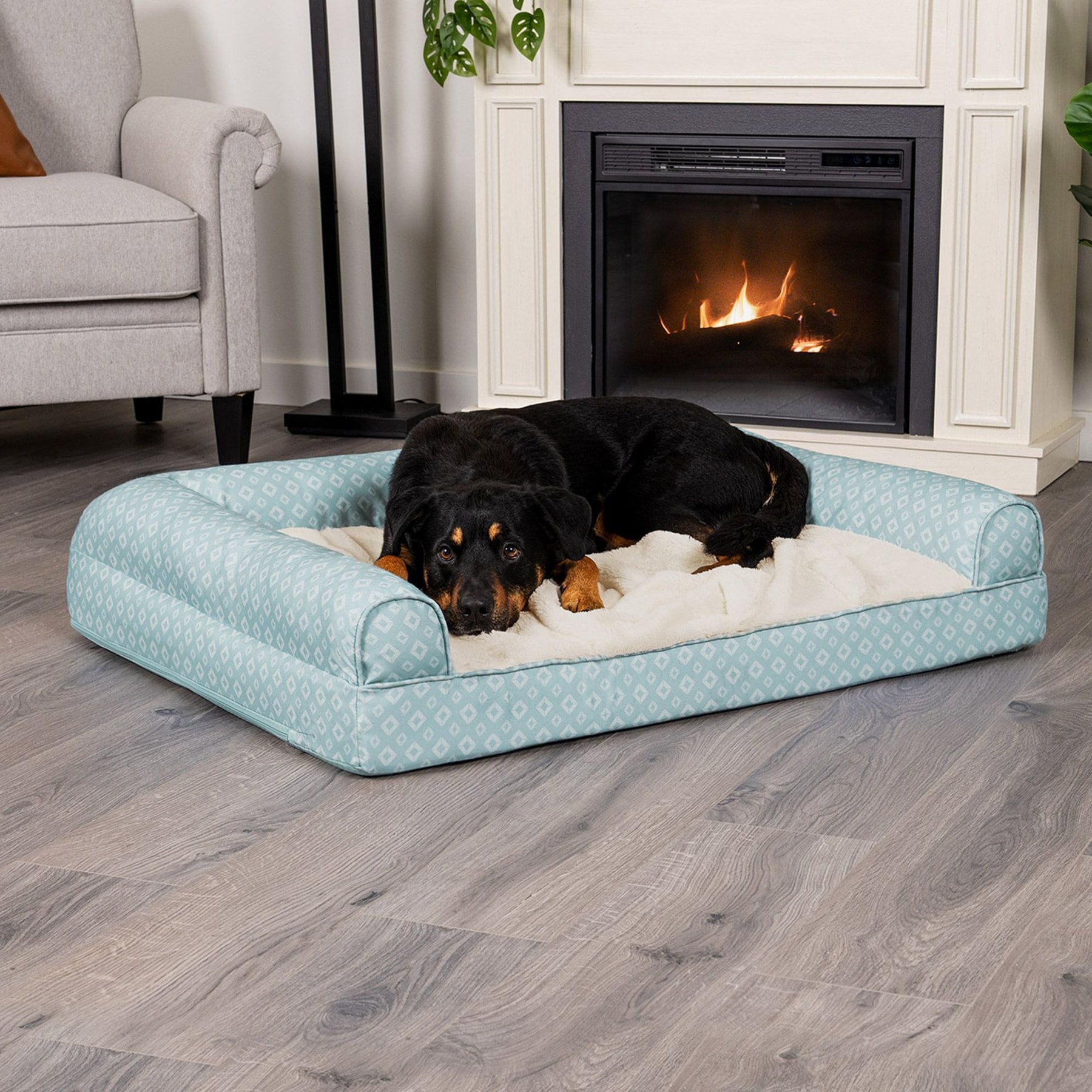 FurHaven Plush Fur & Diamond Print Nest-Top Orthopedic Sofa Cat & Dog Bed, Aqua, Jumbo