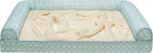 Show full view: FurHaven Plush Fur & Diamond Print Nest-Top Orthopedic Sofa Cat & Dog Bed, Aqua, Large slide 3 of 9