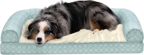 Show full view: FurHaven Plush Fur & Diamond Print Nest-Top Orthopedic Sofa Cat & Dog Bed, Aqua, Large slide 4 of 9