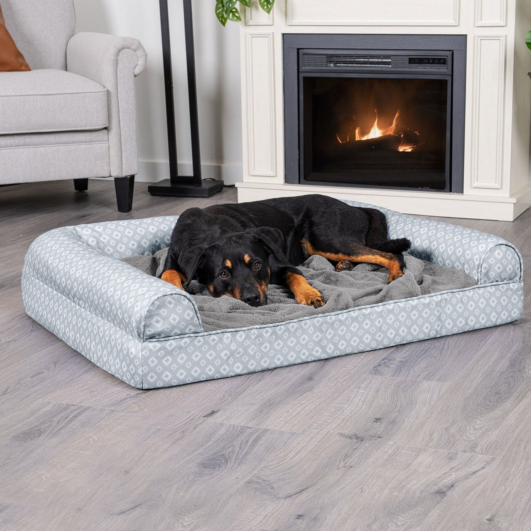 FurHaven Plush Fur & Diamond Print Nest-Top Orthopedic Sofa Cat & Dog Bed, Gray, Jumbo
