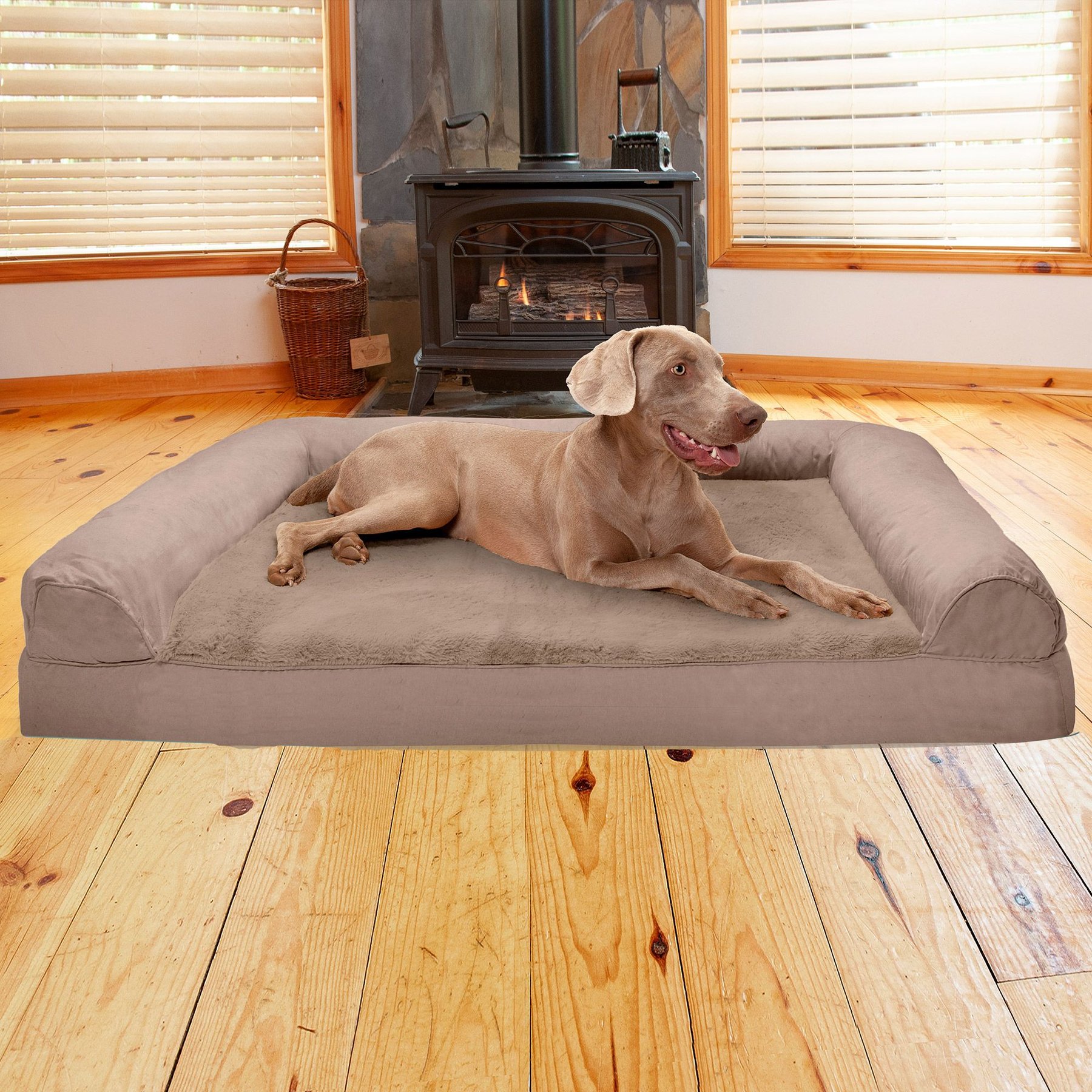 FurHaven Plush & Suede Cooling Gel Bolster Dog Bed with Removable Cover, Almondine, Jumbo Plus