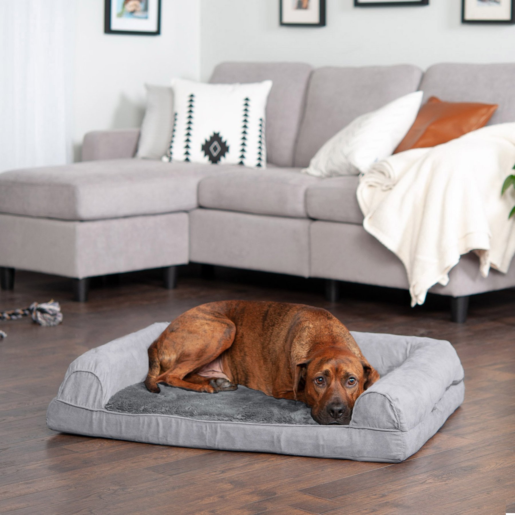 FurHaven Plush & Suede Full Support Sofa Dog & Cat Bed, Gray, Large