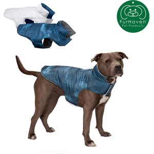 FurHaven Reversible Reflective Puffer Dog Coat, Blue Watercolor, Medium