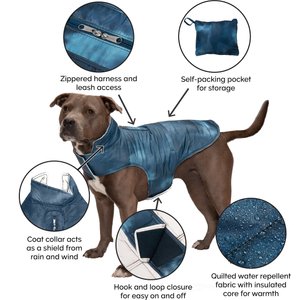 FurHaven Reversible Reflective Puffer Dog Coat, Blue Watercolor, Medium