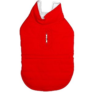 FurHaven Reversible Reflective Puffer Dog Coat, Red, Small