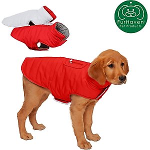 FurHaven Reversible Reflective Puffer Dog Coat, Red, Small