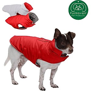 FurHaven Reversible Reflective Puffer Dog Coat, Red, X-Small