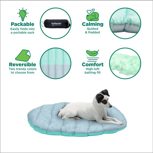 Show full view: FurHaven Trail Pup Packable Stuff Sack Travel Pillow Dog Bed, Aqua & Granite Gray, Large slide 3 of 11