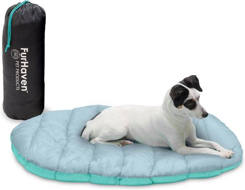 Show full view: FurHaven Trail Pup Packable Stuff Sack Travel Pillow Dog Bed, Aqua & Granite Gray, Small slide 2 of 11