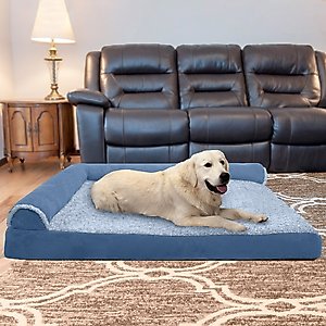FurHaven Two-Tone Deluxe Chaise Memory Top Cat & Dog Bed with Removable Cover, Marine Blue, Jumbo Plus