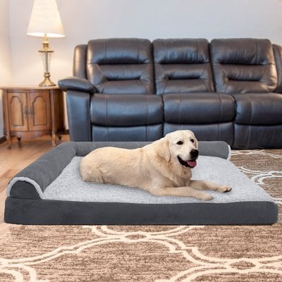 FurHaven FurHaven Two-Tone Deluxe Chaise Memory Top Cat & Dog Bed with Removable Cover, Stone Gray, Jumbo Plus