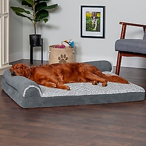 FurHaven Two-Tone Deluxe Chaise Memory Top Cat & Dog Bed with Removable Cover, Stone Gray, Jumbo