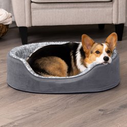FurHaven Two-Tone Faux Fur & Suede Oval Dog & Cat Bed, Gray, Large