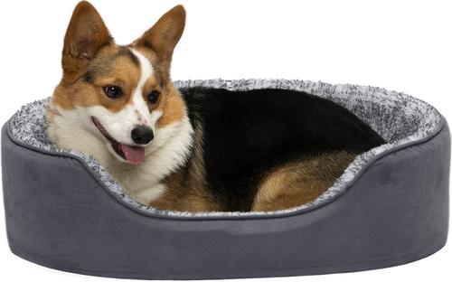 Show full view: FurHaven Two-Tone Faux Fur & Suede Oval Dog & Cat Bed, Gray, Large slide 4 of 10