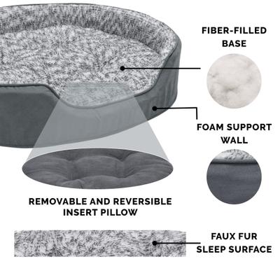 Show full view: FurHaven Two-Tone Faux Fur & Suede Oval Dog & Cat Bed, Gray, Large slide 6 of 10
