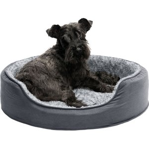 FurHaven Two-Tone Faux Fur & Suede Oval Dog & Cat Bed, Gray, Medium