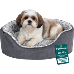 FurHaven Two-Tone Faux Fur & Suede Oval Dog & Cat Bed, Gray, Small