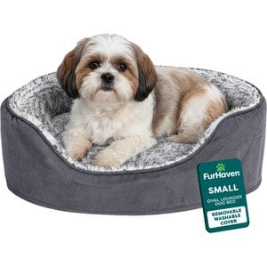 FurHaven Two-Tone Faux Fur & Suede Oval Dog & Cat Bed, Gray, Small