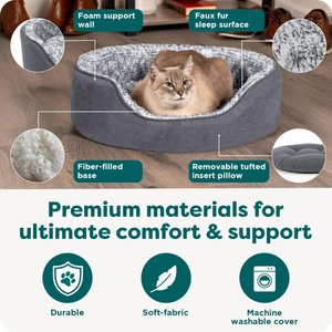 FurHaven Two-Tone Faux Fur & Suede Oval Dog & Cat Bed, Gray, Small