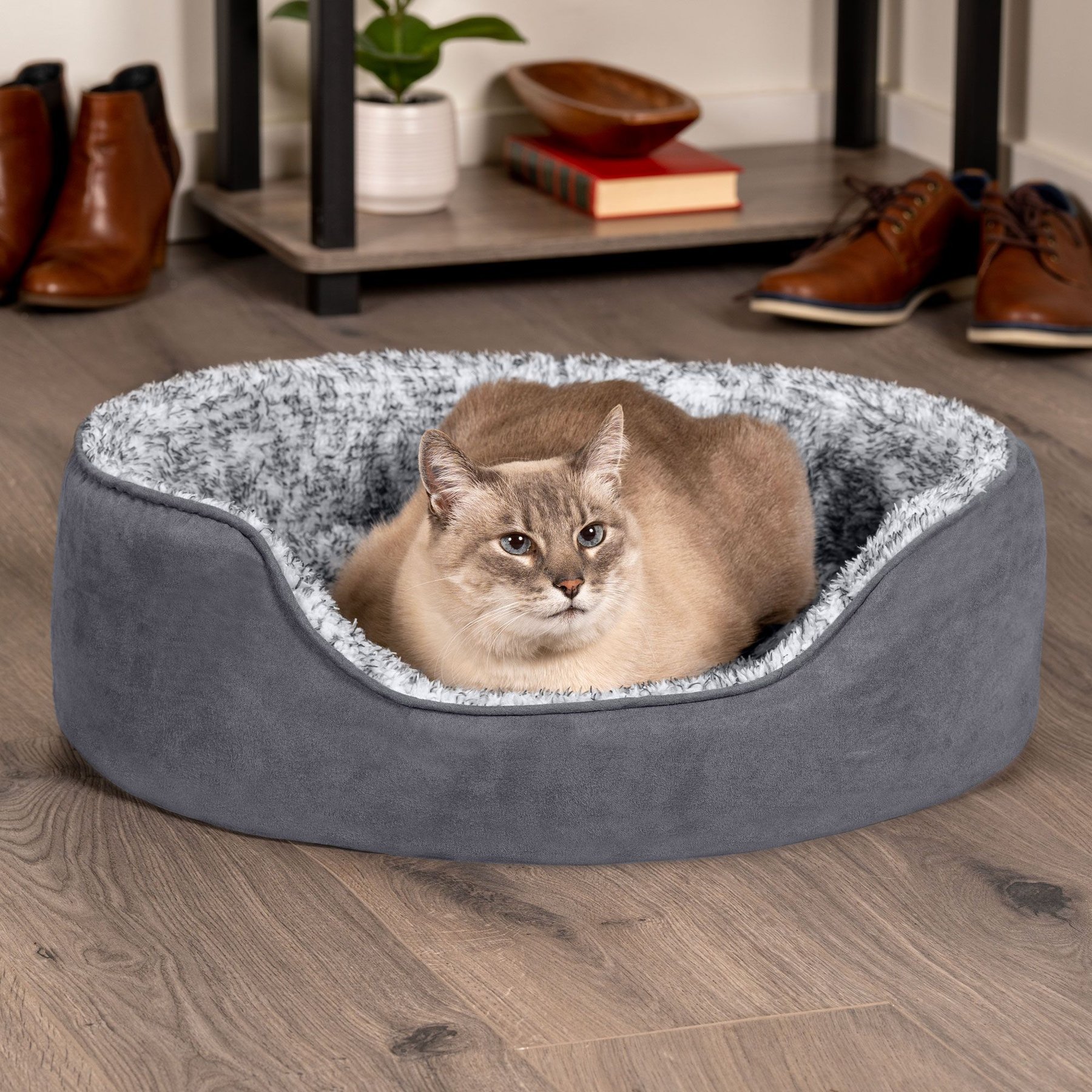 FurHaven Two-Tone Faux Fur & Suede Oval Dog & Cat Bed, Gray, Small