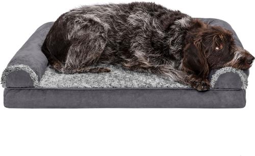 Show full view: FurHaven Two-Tone Fur & Suede Orthopedic Cat & Dog Bed with Removable Cover, Gray, Large slide 4 of 10