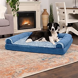 FurHaven Two-Tone Fur & Suede Orthopedic Cat & Dog Bed with Removable Cover, Marine Blue, Jumbo