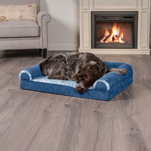 FurHaven Two-Tone Fur & Suede Orthopedic Cat & Dog Bed with Removable Cover, Marine Blue, Large