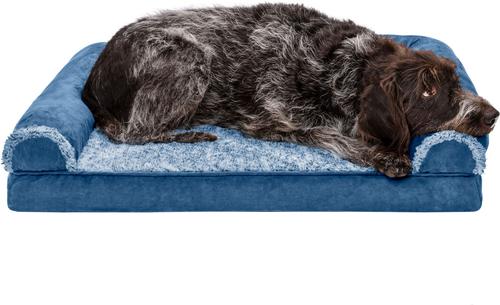 Show full view: FurHaven Two-Tone Fur & Suede Orthopedic Cat & Dog Bed with Removable Cover, Marine Blue, Large slide 4 of 10