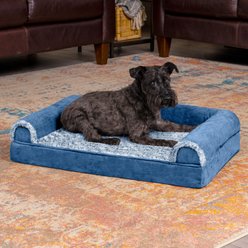 FurHaven Two-Tone Fur & Suede Orthopedic Cat & Dog Bed with Removable Cover, Marine Blue, Medium