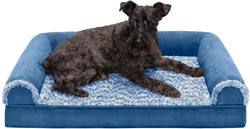 Show full view: FurHaven Two-Tone Fur & Suede Orthopedic Cat & Dog Bed with Removable Cover, Marine Blue, Medium slide 4 of 10