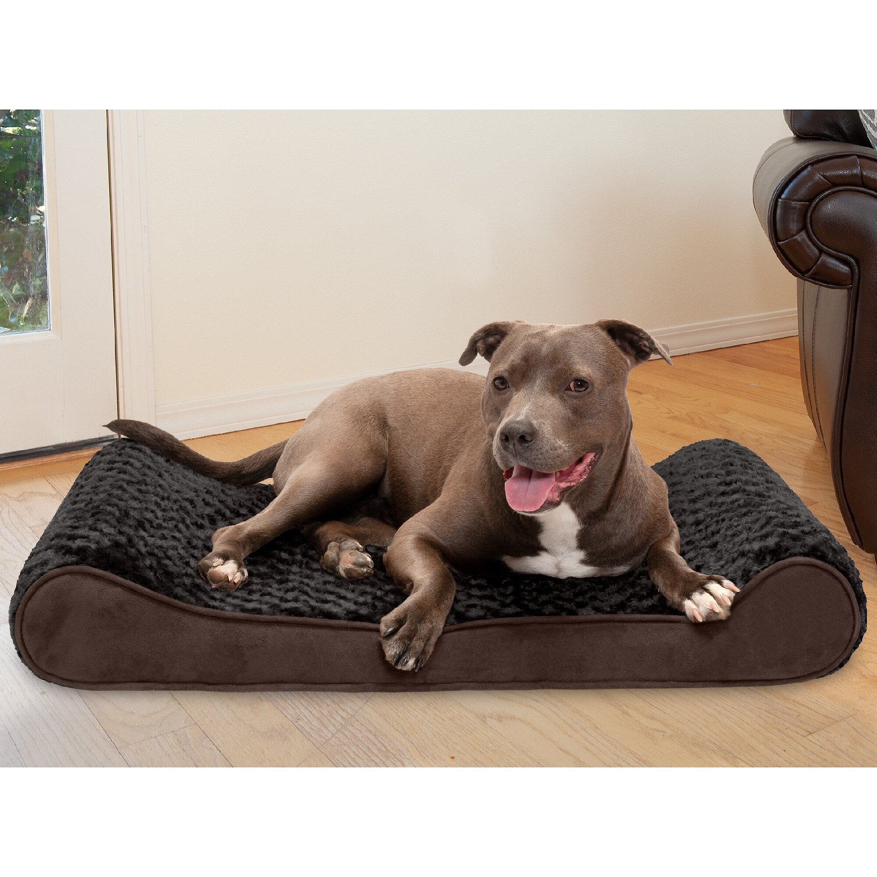 FurHaven Ultra Plush Luxe Lounger Cooling Gel Dog Bed with Removable Cover, Chocolate, Large