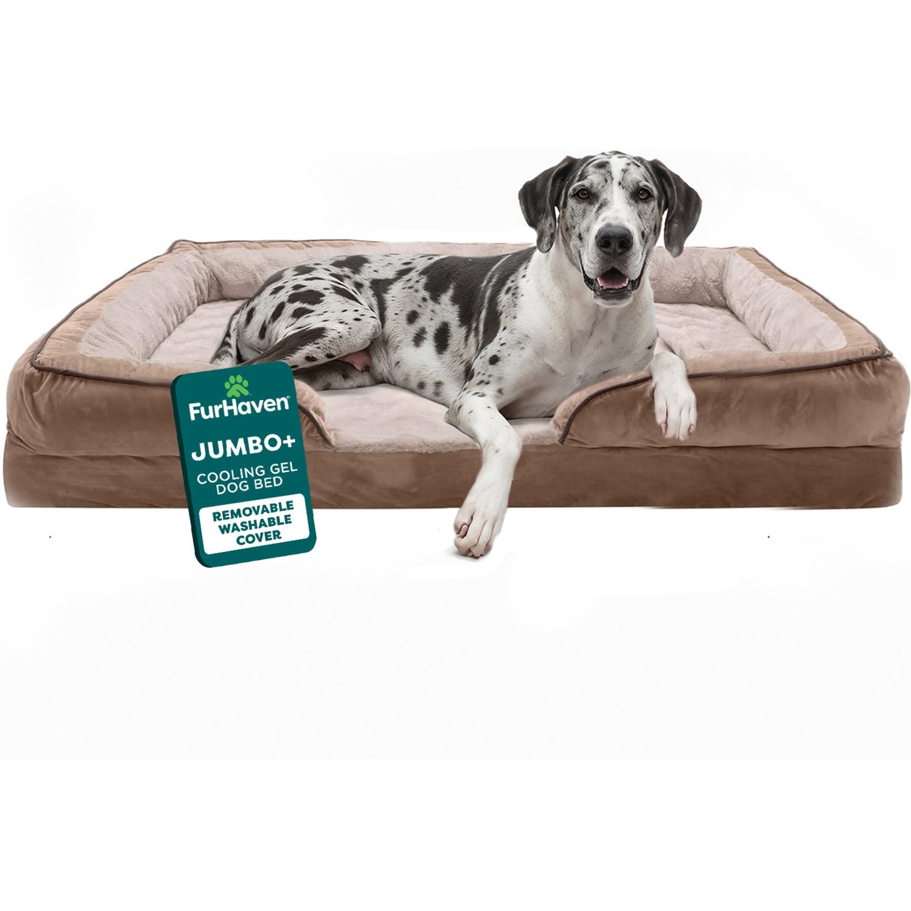 FurHaven Velvet Waves Perfect Comfort Cooling Gel Bolster Cat & Dog Bed with Removable Cover, Brownstone, Jumbo Plus
