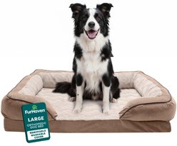 FurHaven Velvet Waves Perfect Comfort Cooling Gel Bolster Cat & Dog Bed with Removable Cover, Brownstone, Large