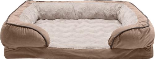 Show full view: FurHaven Velvet Waves Perfect Comfort Cooling Gel Bolster Cat & Dog Bed with Removable Cover, Brownstone, Large slide 3 of 10