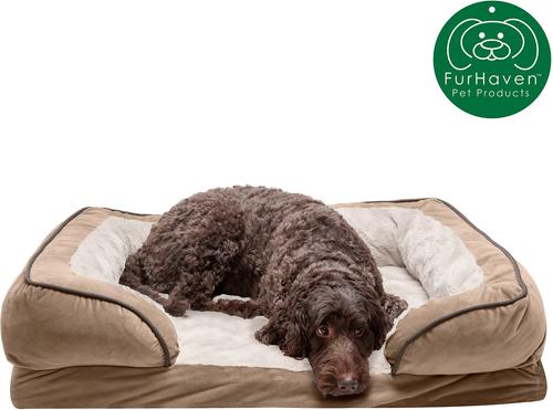 Show full view: FurHaven Velvet Waves Perfect Comfort Cooling Gel Bolster Cat & Dog Bed with Removable Cover, Brownstone, Large slide 4 of 10