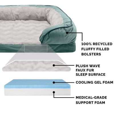 Show full view: FurHaven Velvet Waves Perfect Comfort Cooling Gel Bolster Cat & Dog Bed with Removable Cover, Celadon Green, Large slide 6 of 10