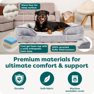 FurHaven Velvet Waves Perfect Comfort Cooling Gel Bolster Cat & Dog Bed with Removable Cover, Granite Gray, Jumbo