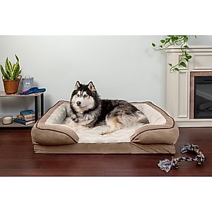 FurHaven Velvet Waves Perfect Comfort Memory Foam Bolster Cat & Dog Bed with Removable Cover, Brownstone, Jumbo